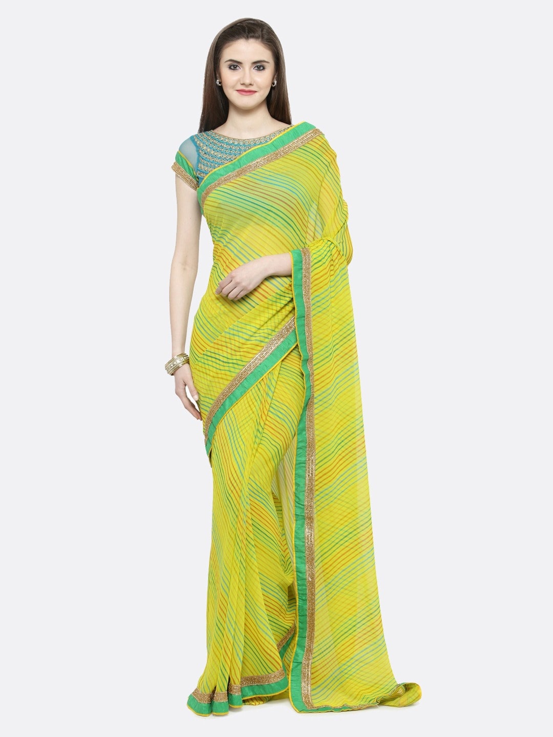 

Shaily Yellow & Green Leheriya Embroidered Pure Georgette Saree