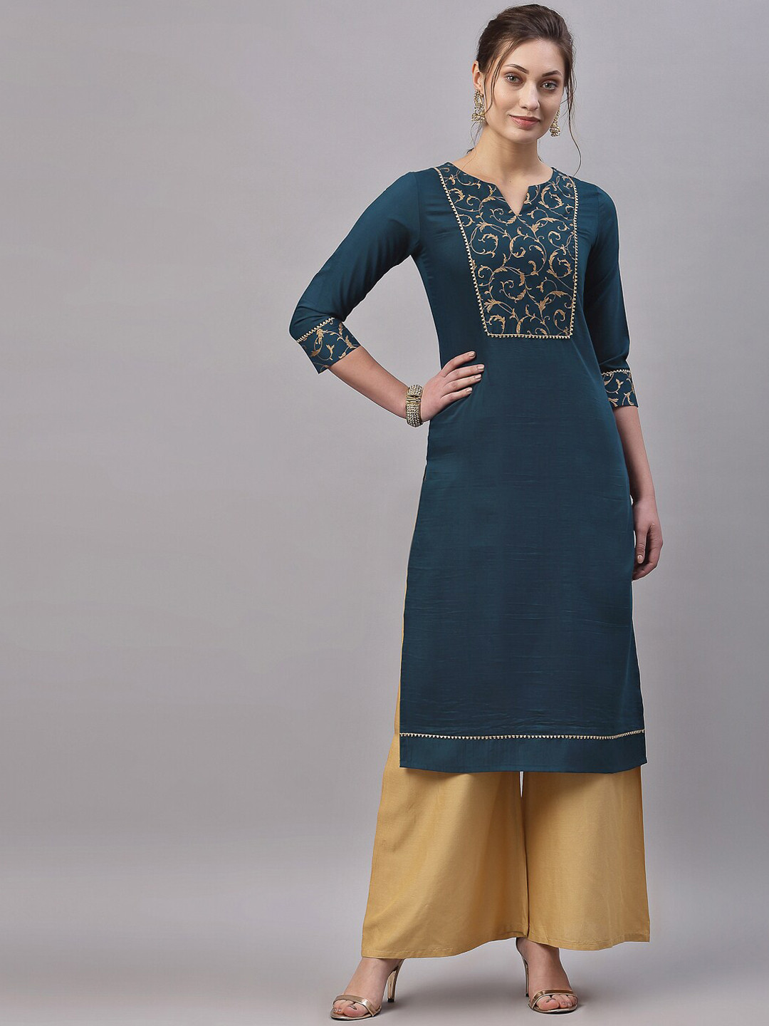

KALINI Teal Green Yoke Design Foil Print Straight Kurta