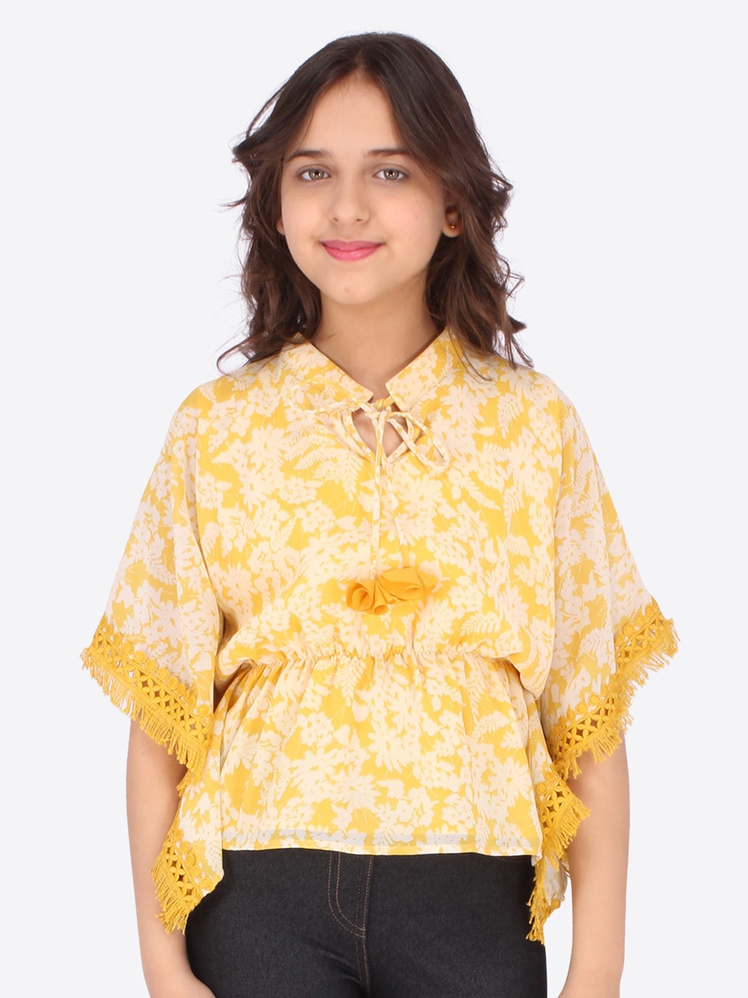 

CUTECUMBER Girls Yellow & White Floral Print Tie-Up Neck Kaftan Top