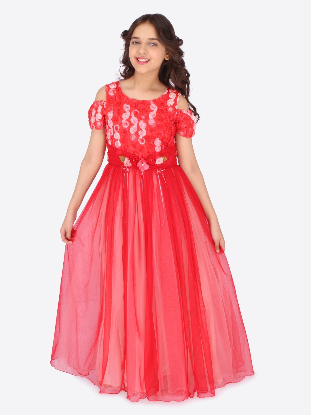 

CUTECUMBER Red Embellished Net Maxi Dress