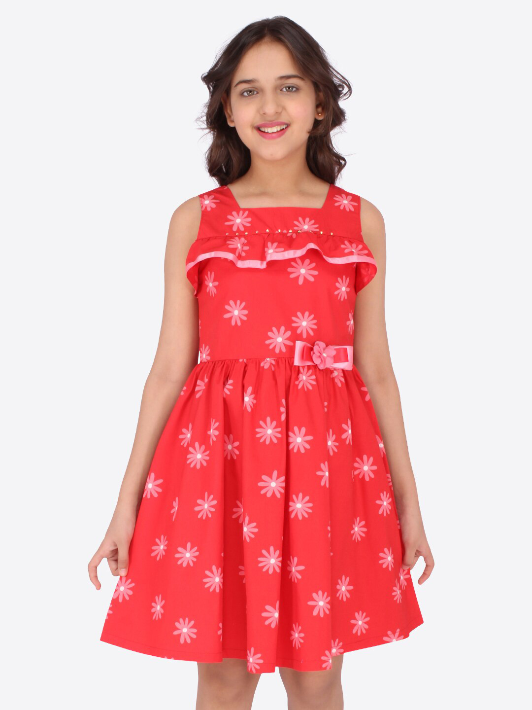 

CUTECUMBER Red Floral Printed Fit and Flare Dress