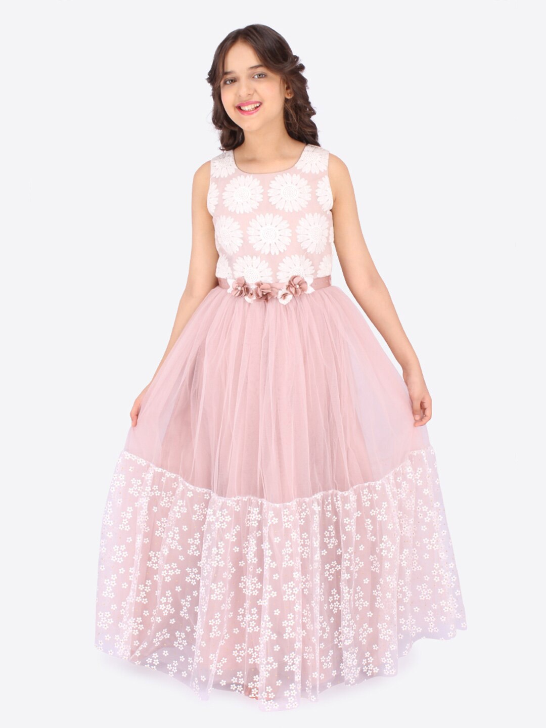 

CUTECUMBER Girls Pink & White Floral Embroidered Net Maxi Dress