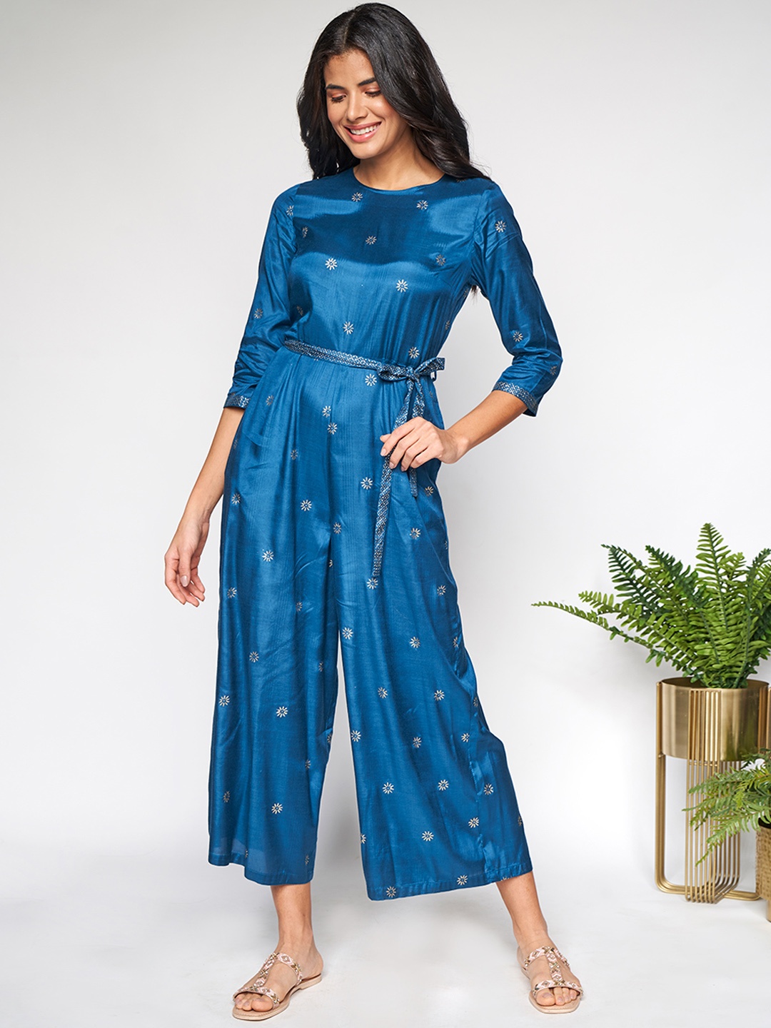 

itse Teal Blue & Golden Printed Basic Jumpsuit