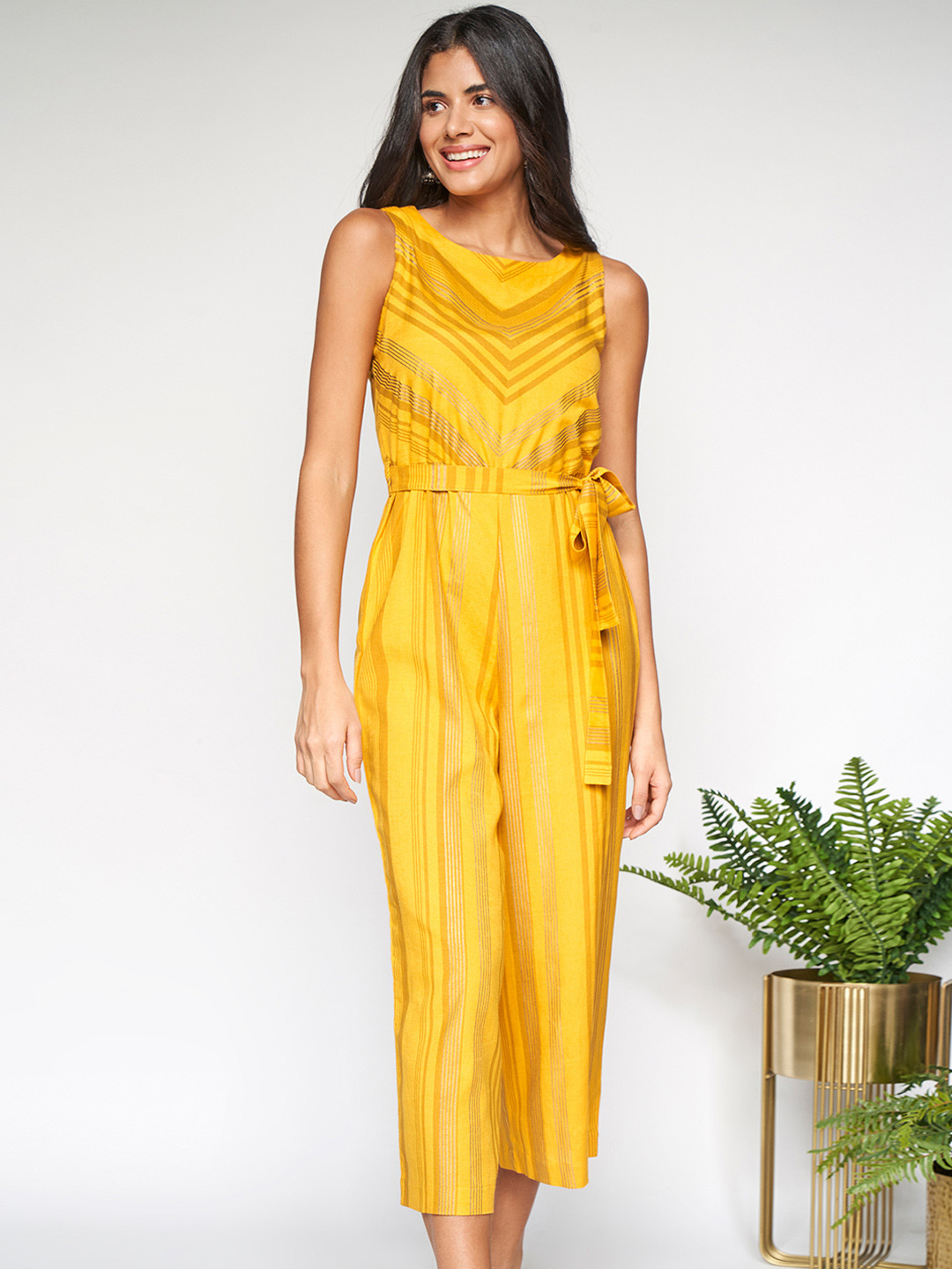 

itse Women Mustard Striped Basic Jumpsuit