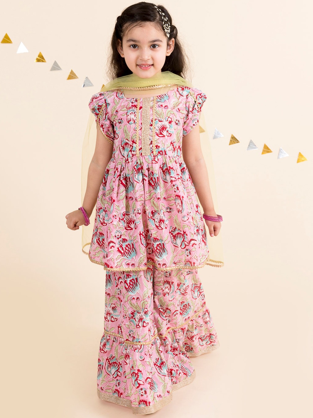 

pspeaches Girls Pink Floral Printed Empire Gotta Patti Pure Cotton Kurti with Sharara With Dupatta