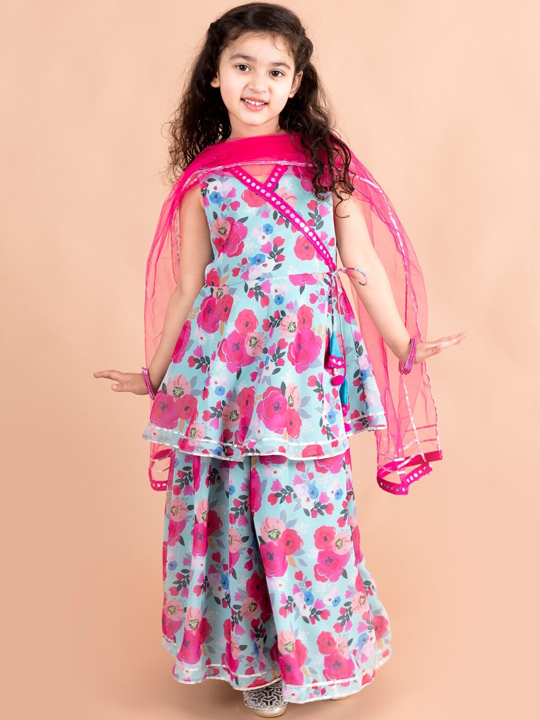 

pspeaches Girls Blue Floral Printed Angrakha Gotta Patti Pure Cotton Kurti with Palazzos & With Dupatta