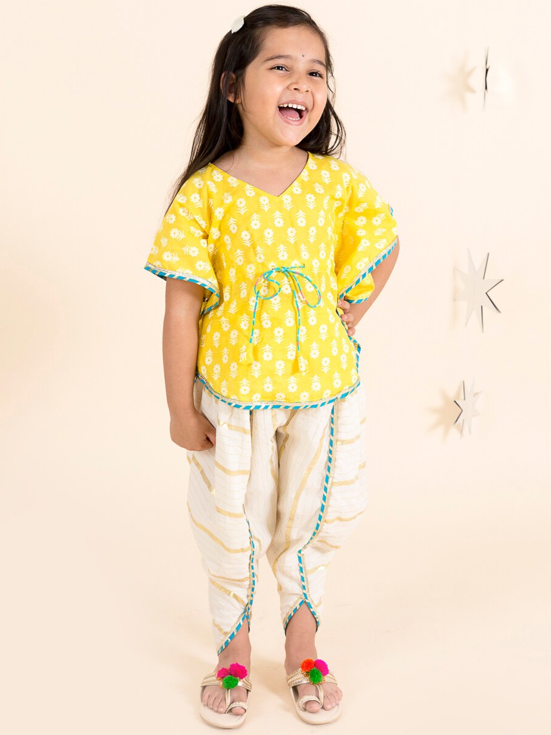

pspeaches Girls Yellow Floral Printed Gotta Patti Pure Cotton Top with Dhoti Pants