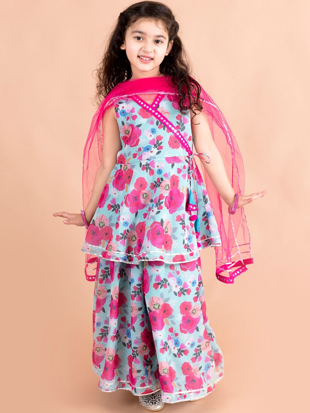 

pspeaches Girls Blue Floral Printed Angrakha Gotta Patti Pure Cotton Kurti with Sharara With Dupatta