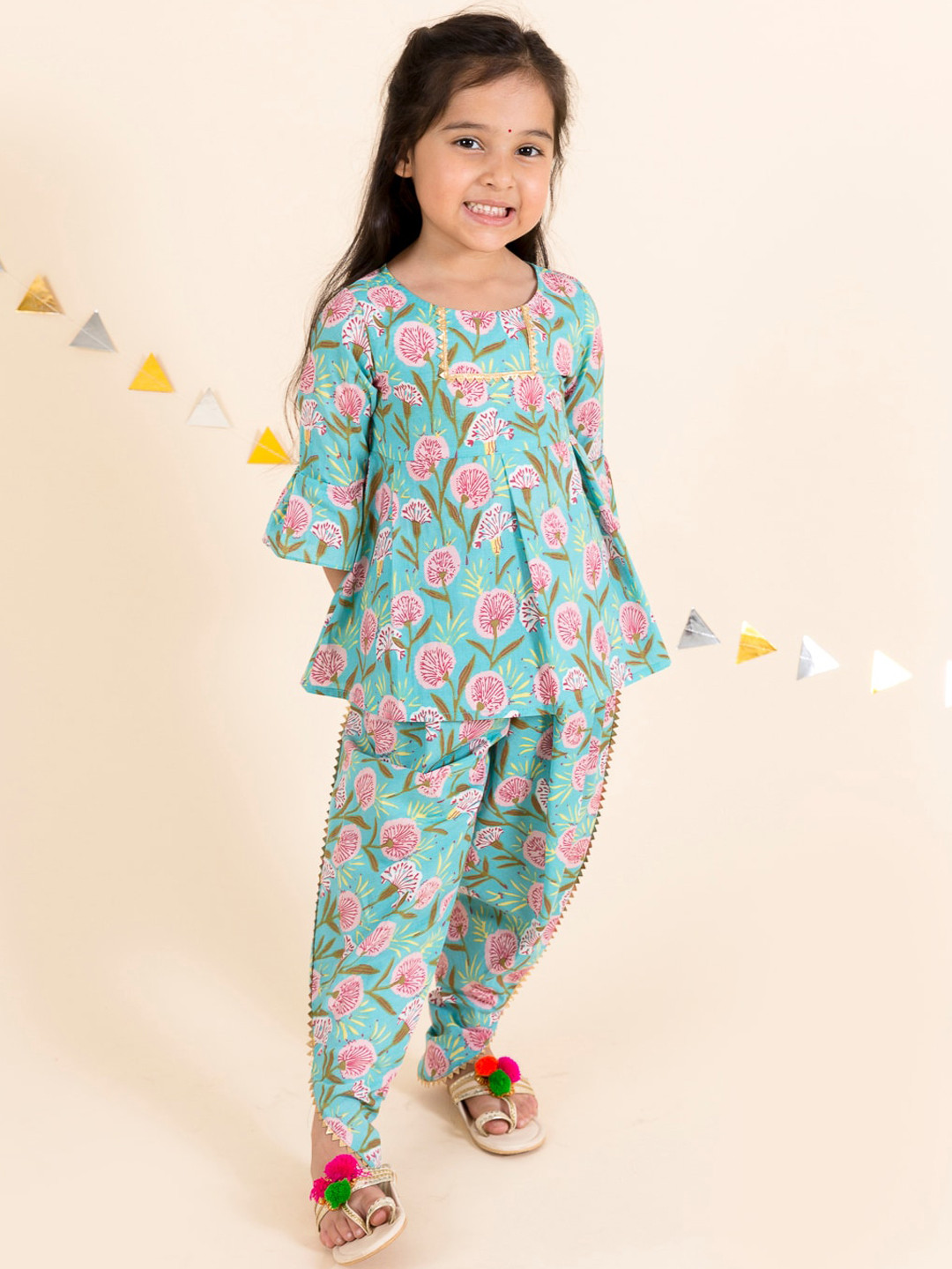 

pspeaches Girls Blue Floral Embroidered Angrakha Gotta Patti Pure Cotton Top with Dhoti Pants