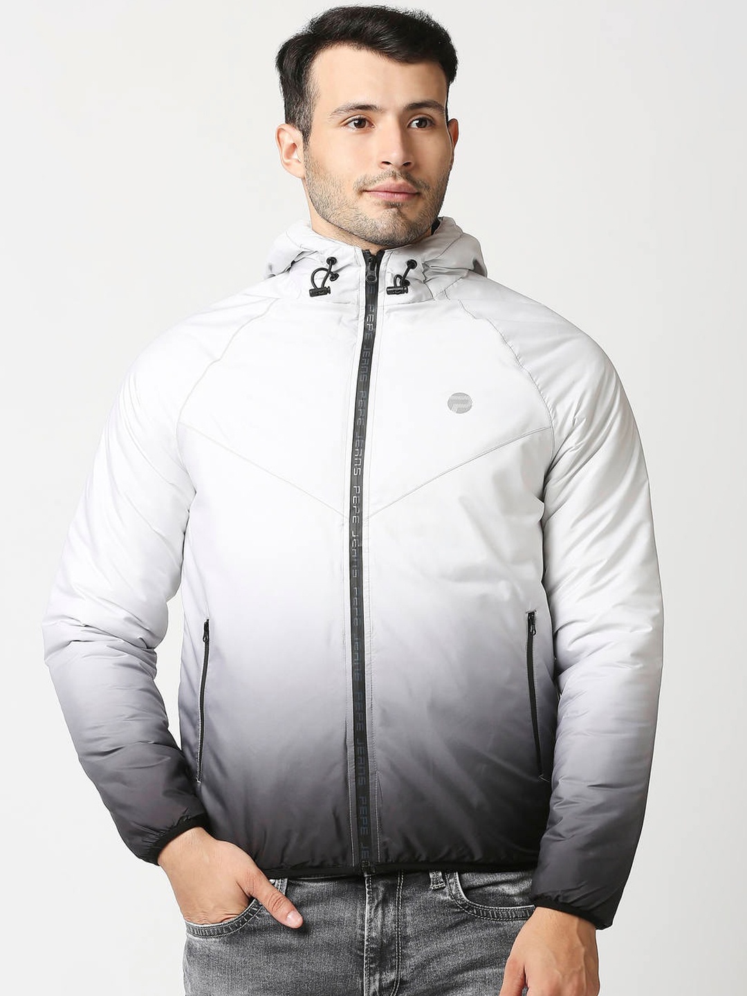 

Pepe Jeans Men Grey Ombre Hooded Bomber Jacket