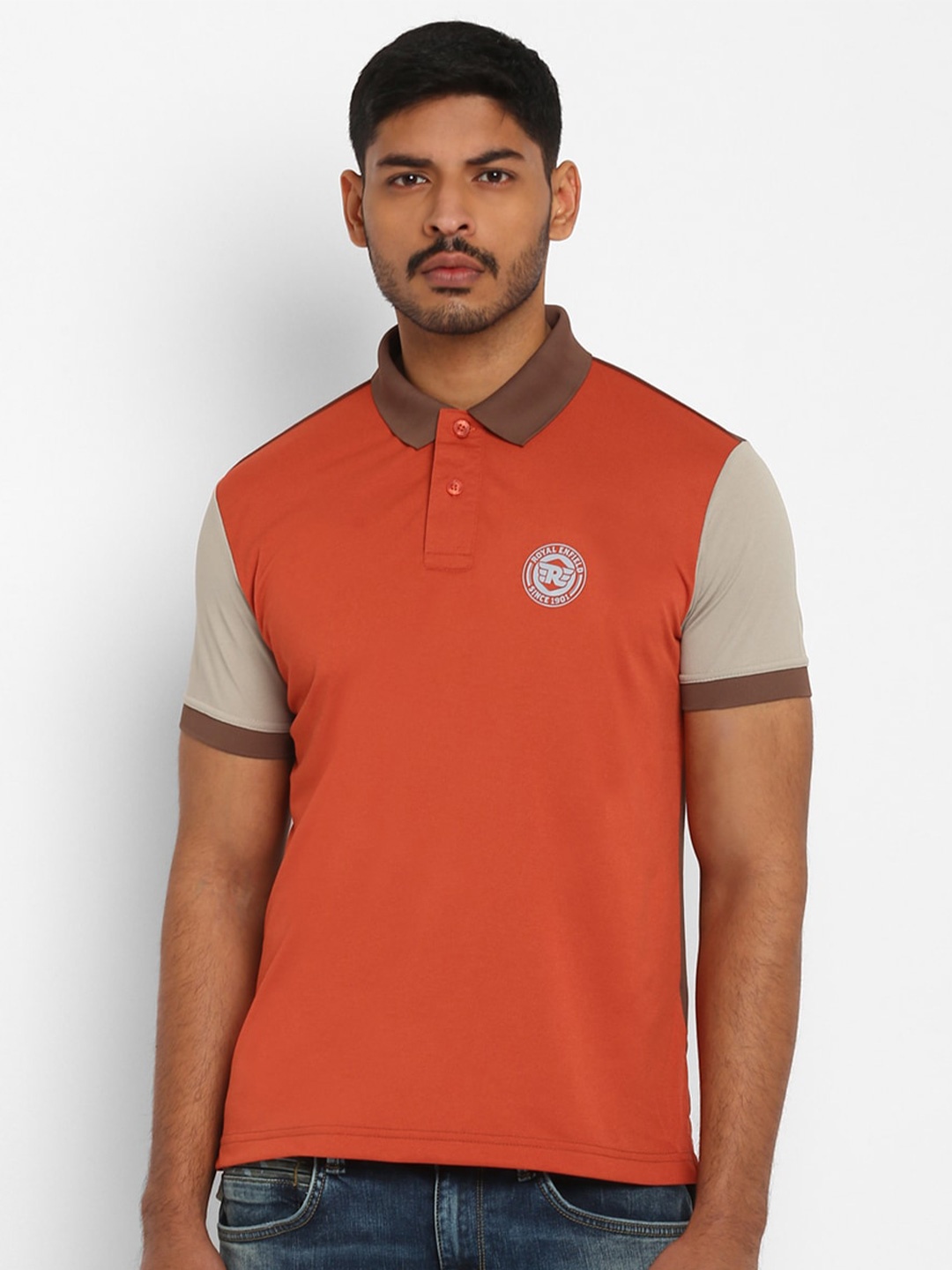 

Royal Enfield Men Coral Colourblocked Polo Collar T-shirt