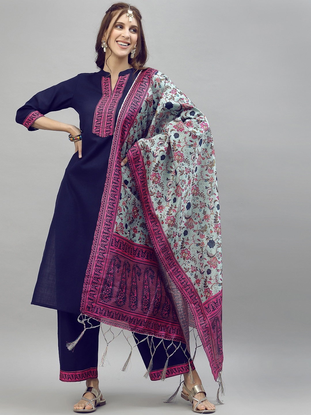 

SANISA Women Navy Blue Kurta with Palazzos & With Dupatta