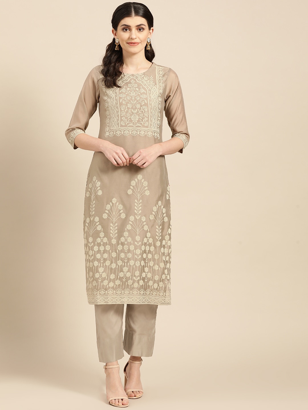 

Varanga Women Beige Floral Chanderi Silk Kurta With Trousers