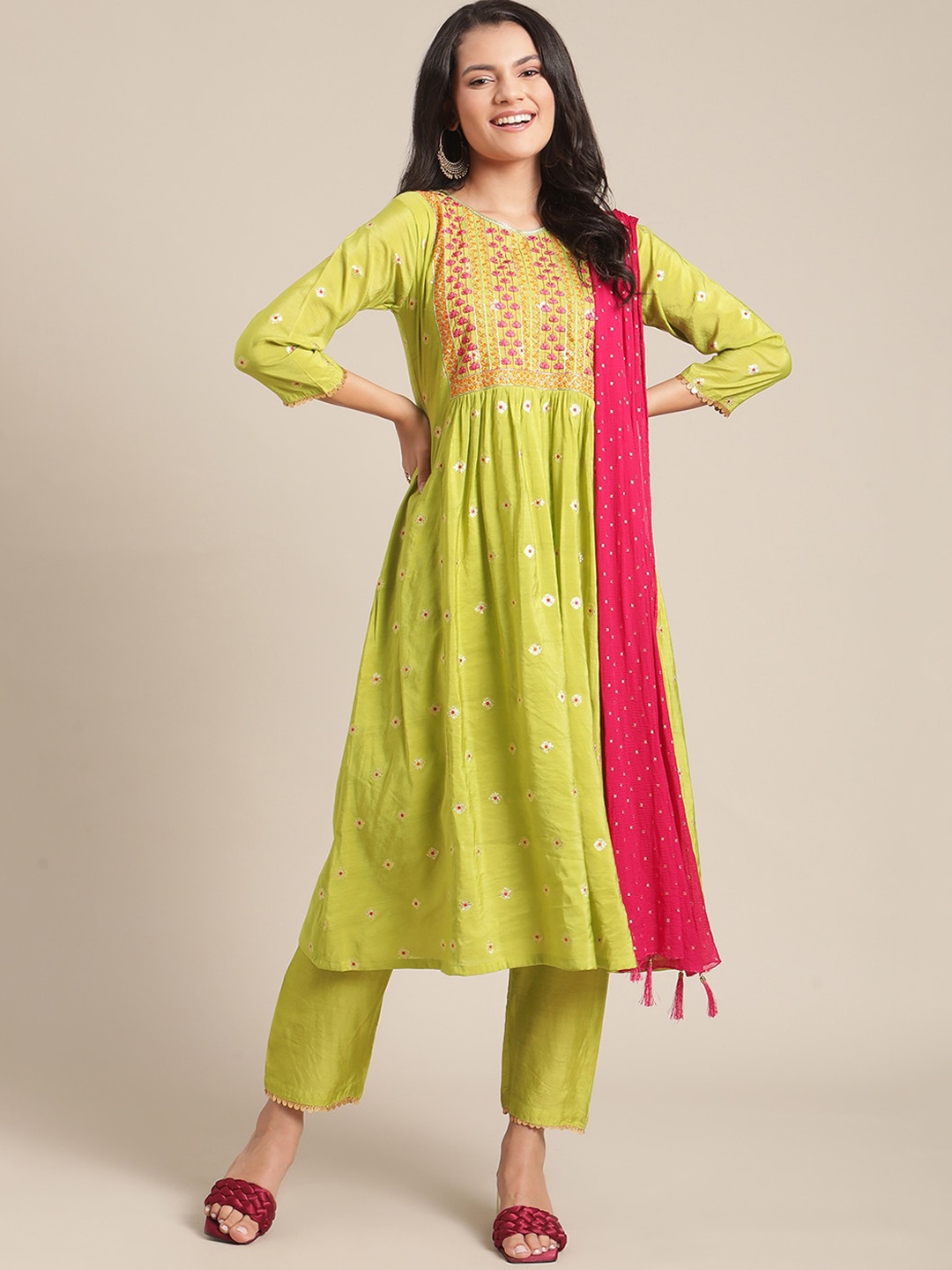 

Varanga Women Lime Green Ethnic Motifs Embroidered Pleated Thread Work Kurti with Trousers & With Dupatta