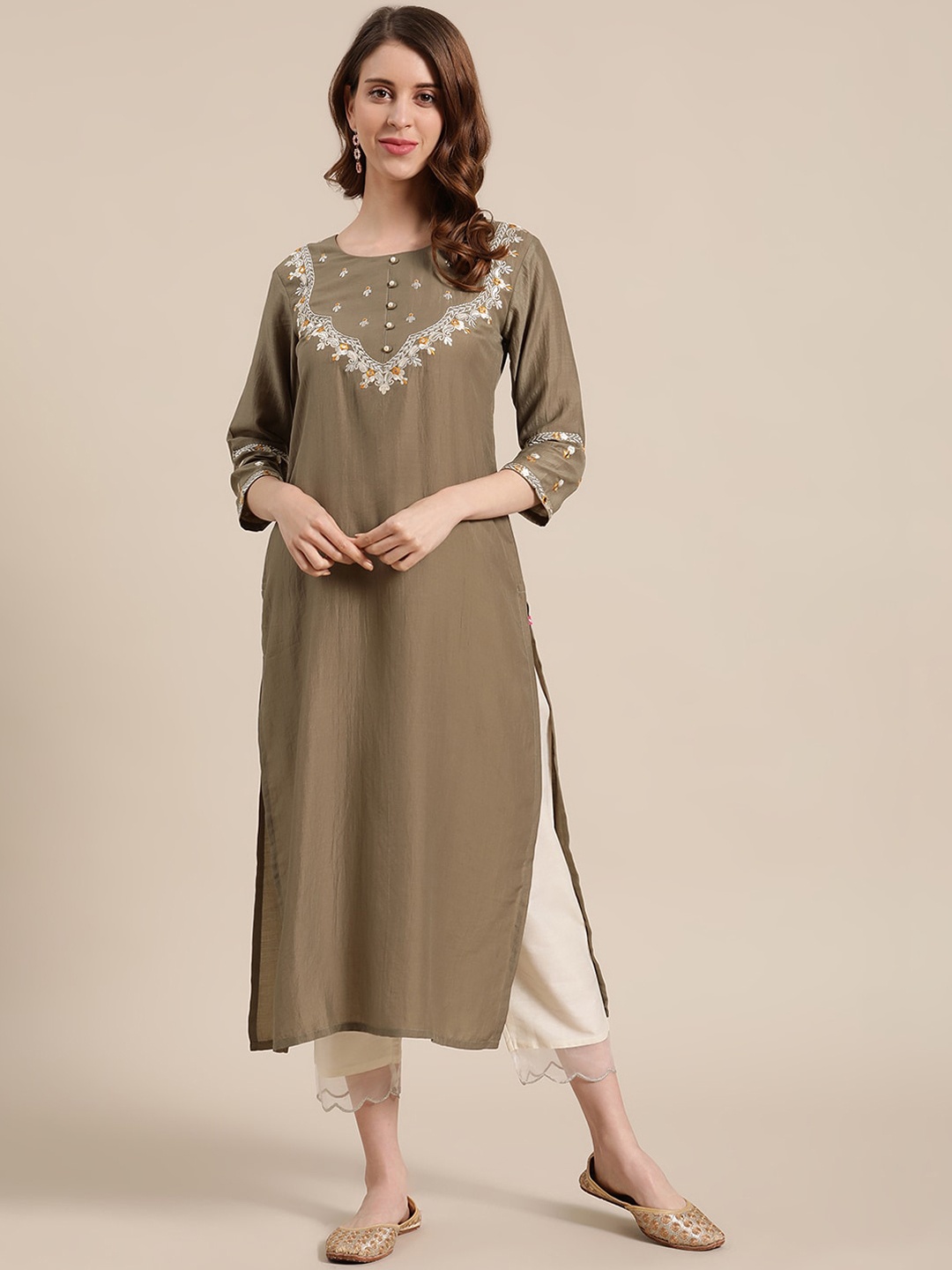 

Varanga Women Olive Green Floral Yoke Design Kurta with Trousers