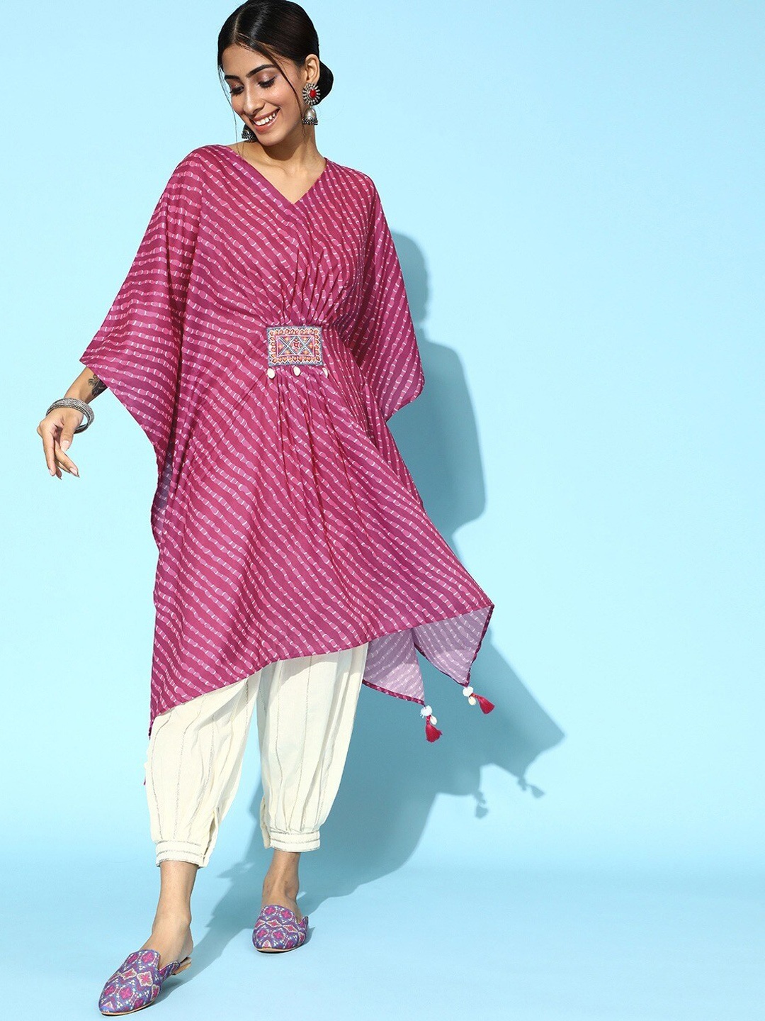 

Varanga Women Pink Striped Pleated Thread Work Kurti with Salwar