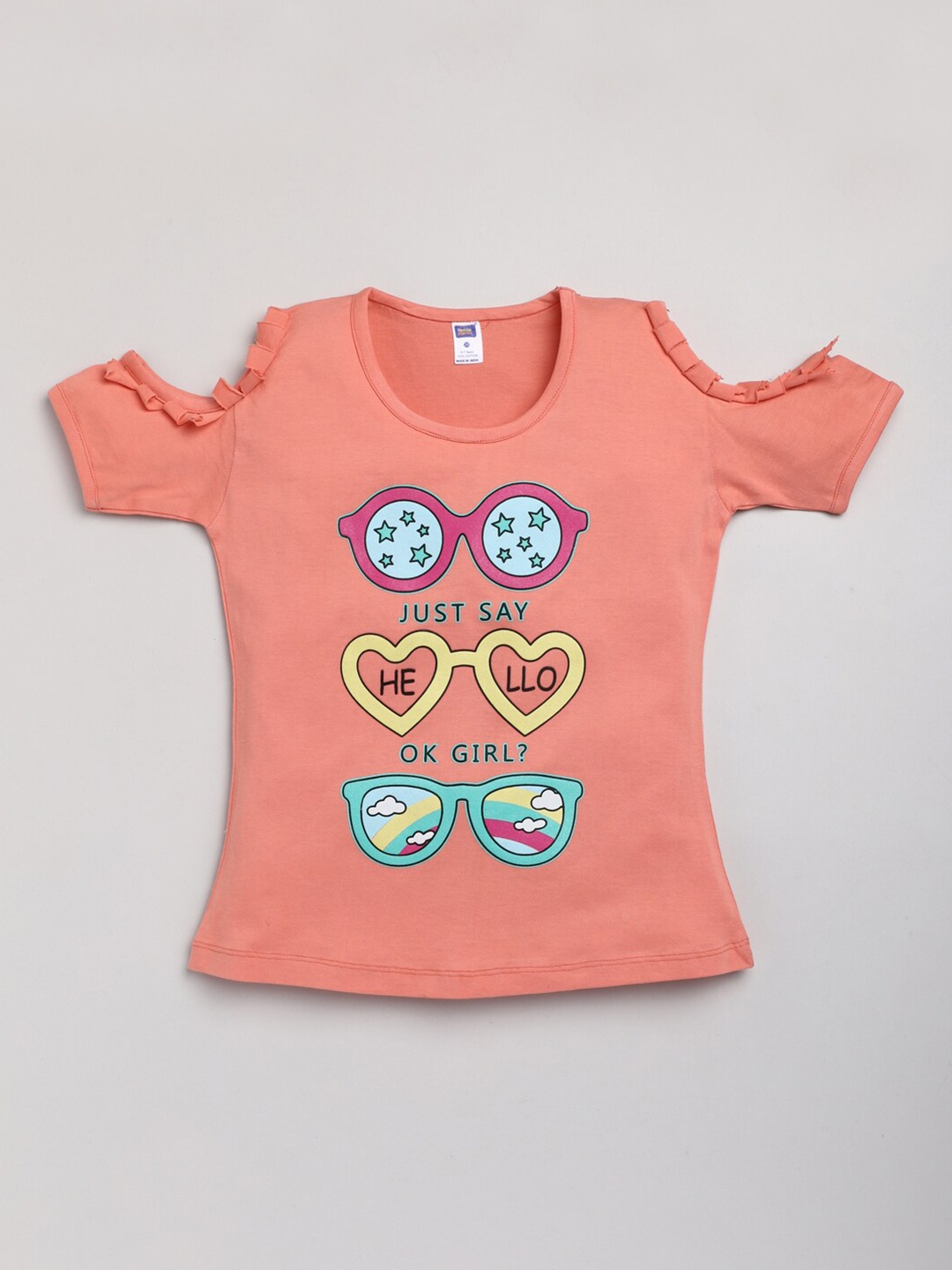 Nottie Planet Coral Orange Print Cold Shoulder Sleeves Pure Cotton Knitted Top