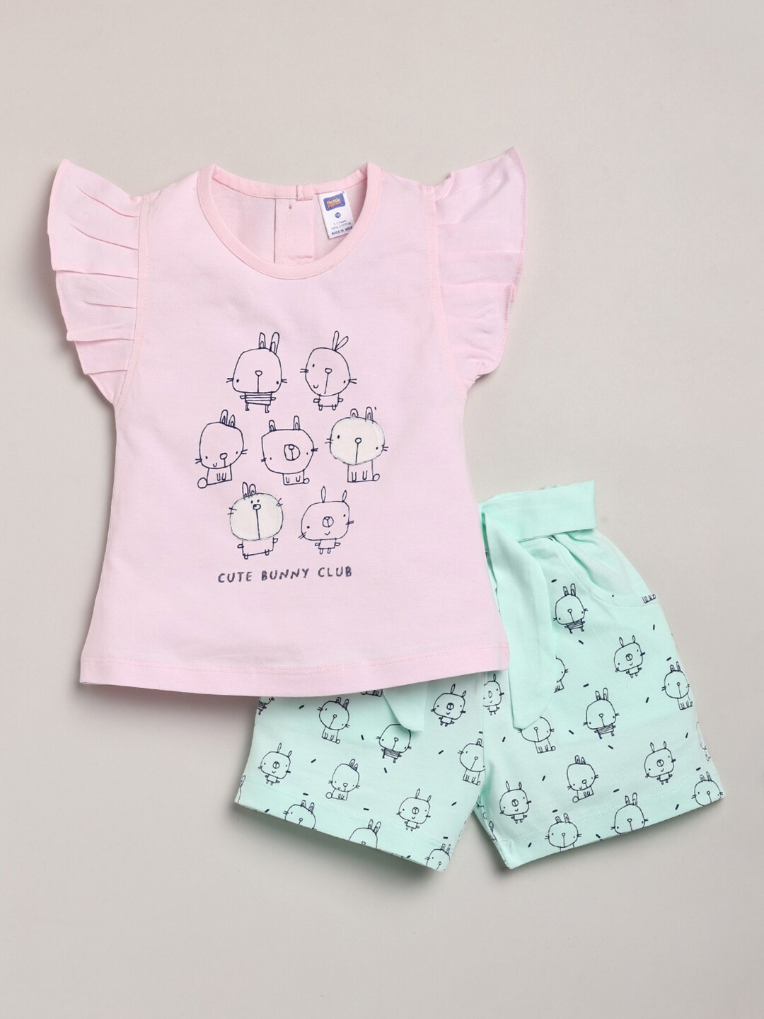 

Nottie Planet Girls Pink & Sea Green Printed Cotton Top with Shorts