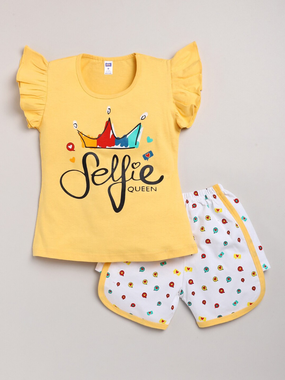 

Nottie Planet Girls Yellow & White Printed T-shirt with Shorts