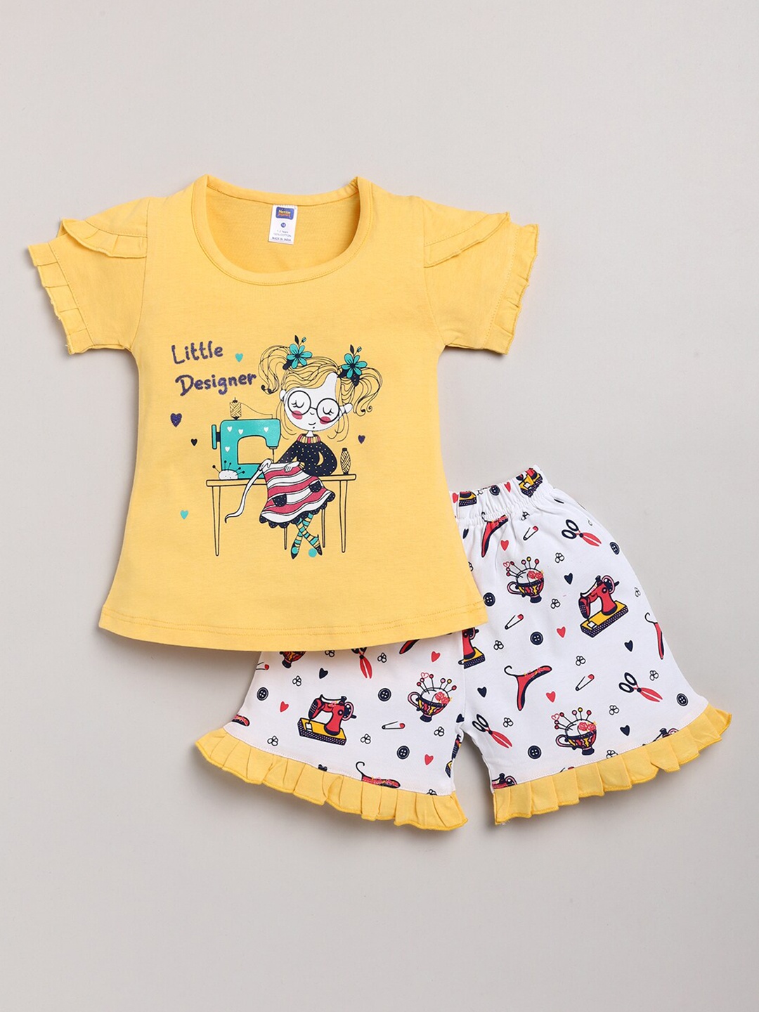 

Nottie Planet Girls Yellow Printed Cotton T-shirt with Shorts