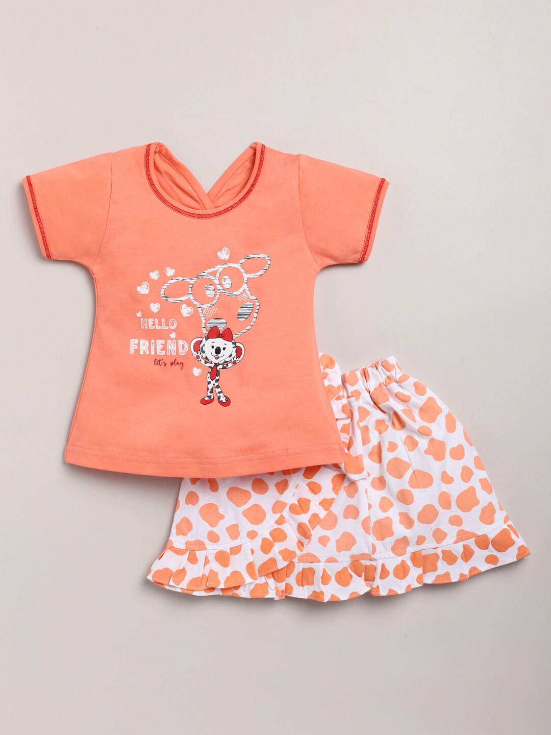 

Nottie Planet Girls Orange & White Printed T-shirt with Skirt