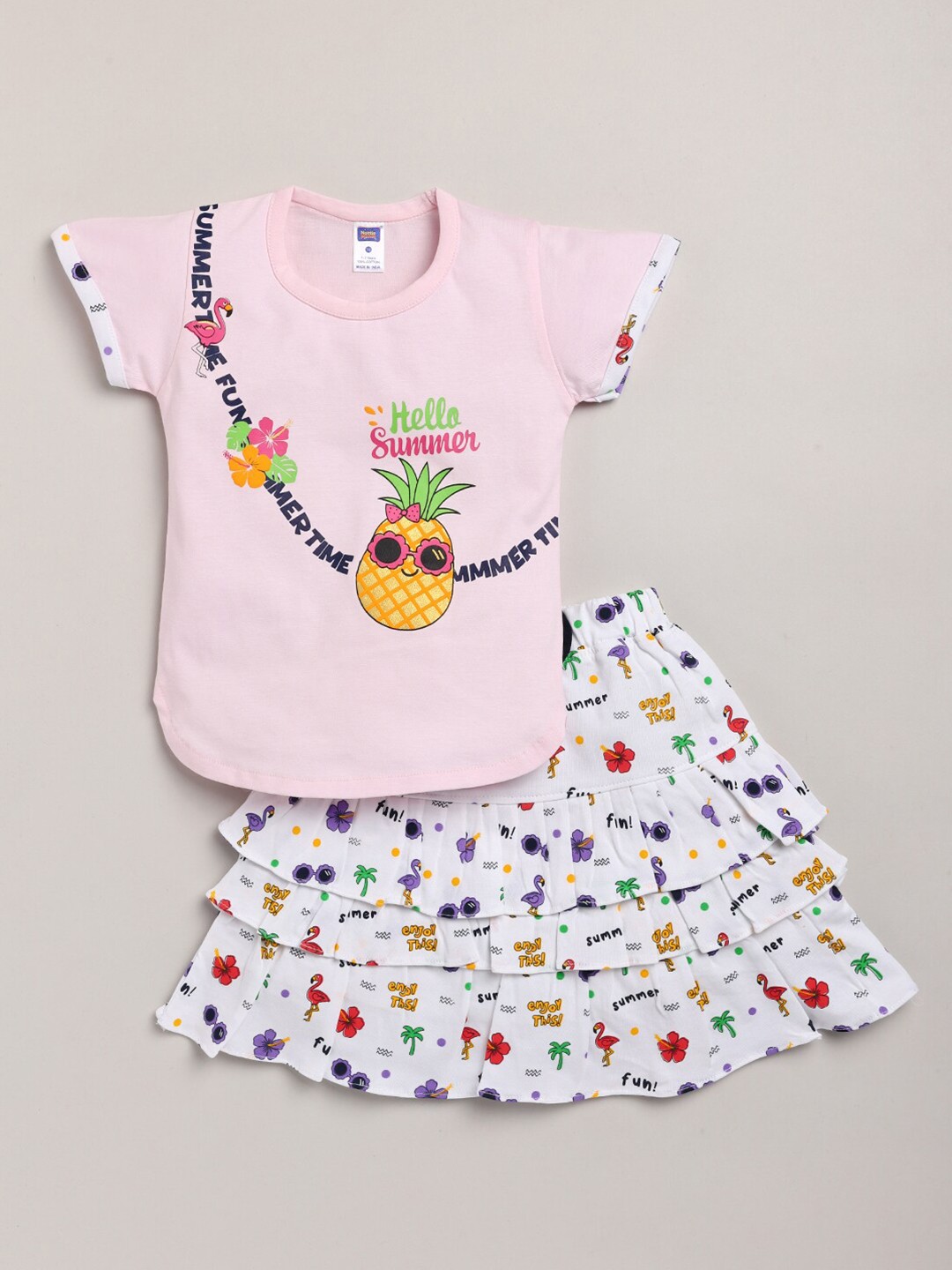 

Nottie Planet Girls Pink & White Printed Cotton Top with Skirt
