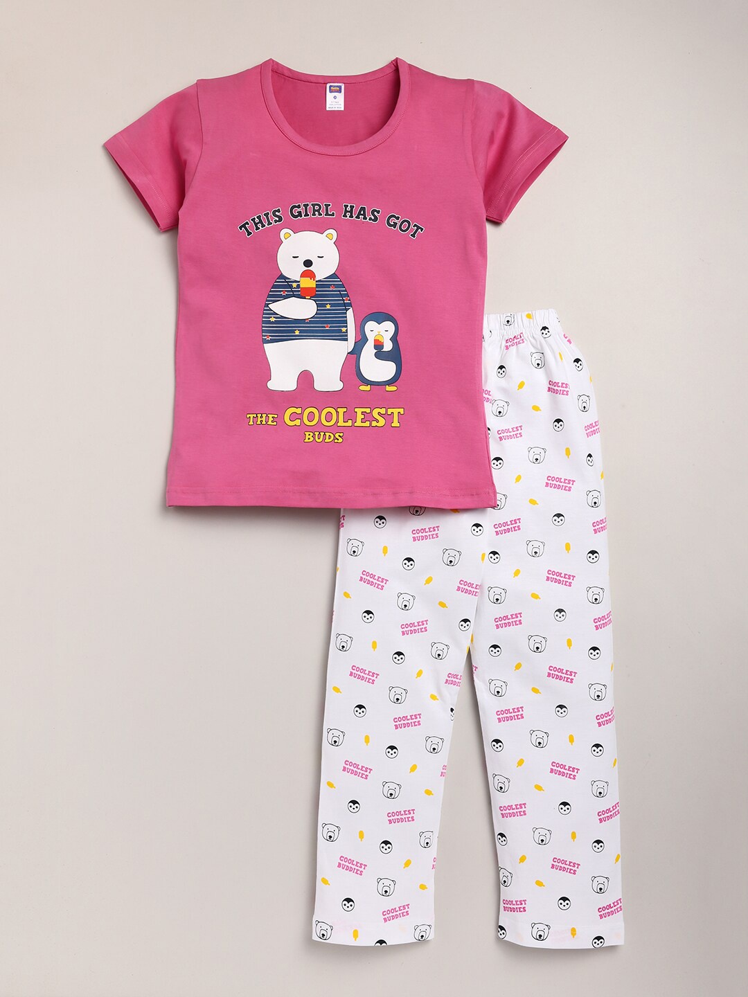 

Nottie Planet Girls Pink & White Printed Cotton T-shirt with Pyjamas