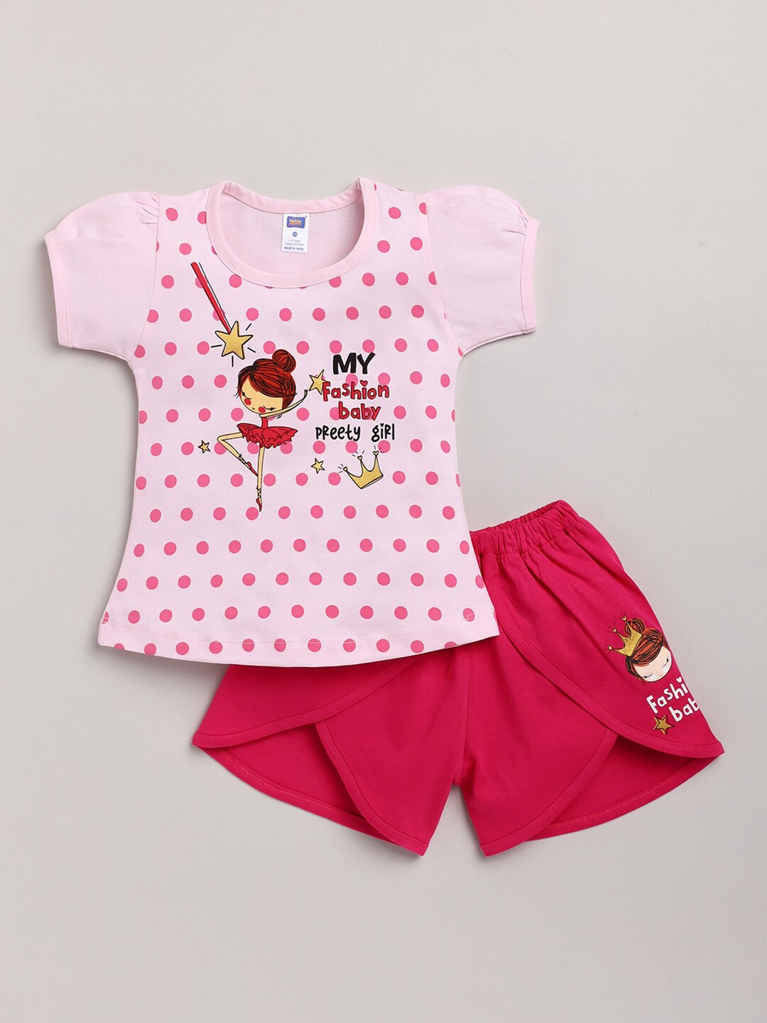 

Nottie Planet Girls Pink Printed Cotton Top with Shorts