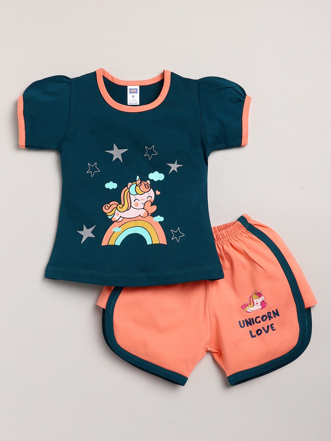 

Nottie Planet Girls Orange & Teal Blue Printed T-shirt with Shorts