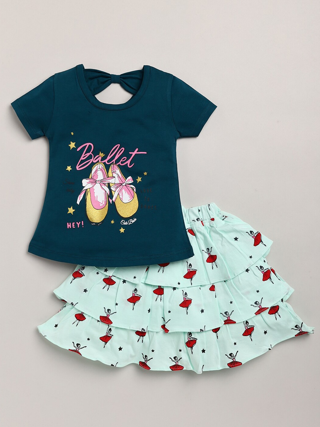 

Nottie Planet Girls Navy Blue & Green Printed T-shirt with Skirt