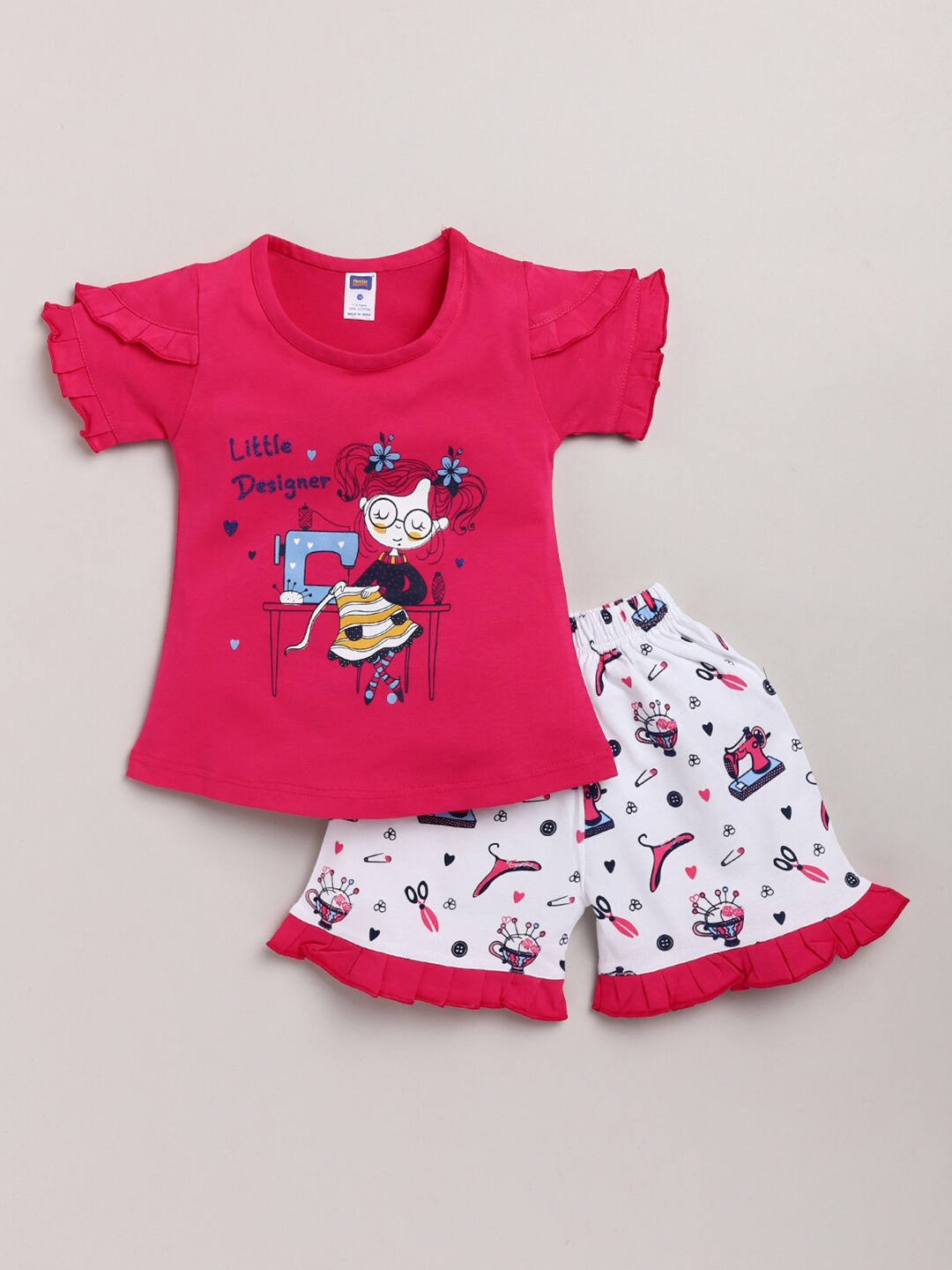 

Nottie Planet Girls Fuchsia & White Printed Pure Cotton T-shirt with Shorts