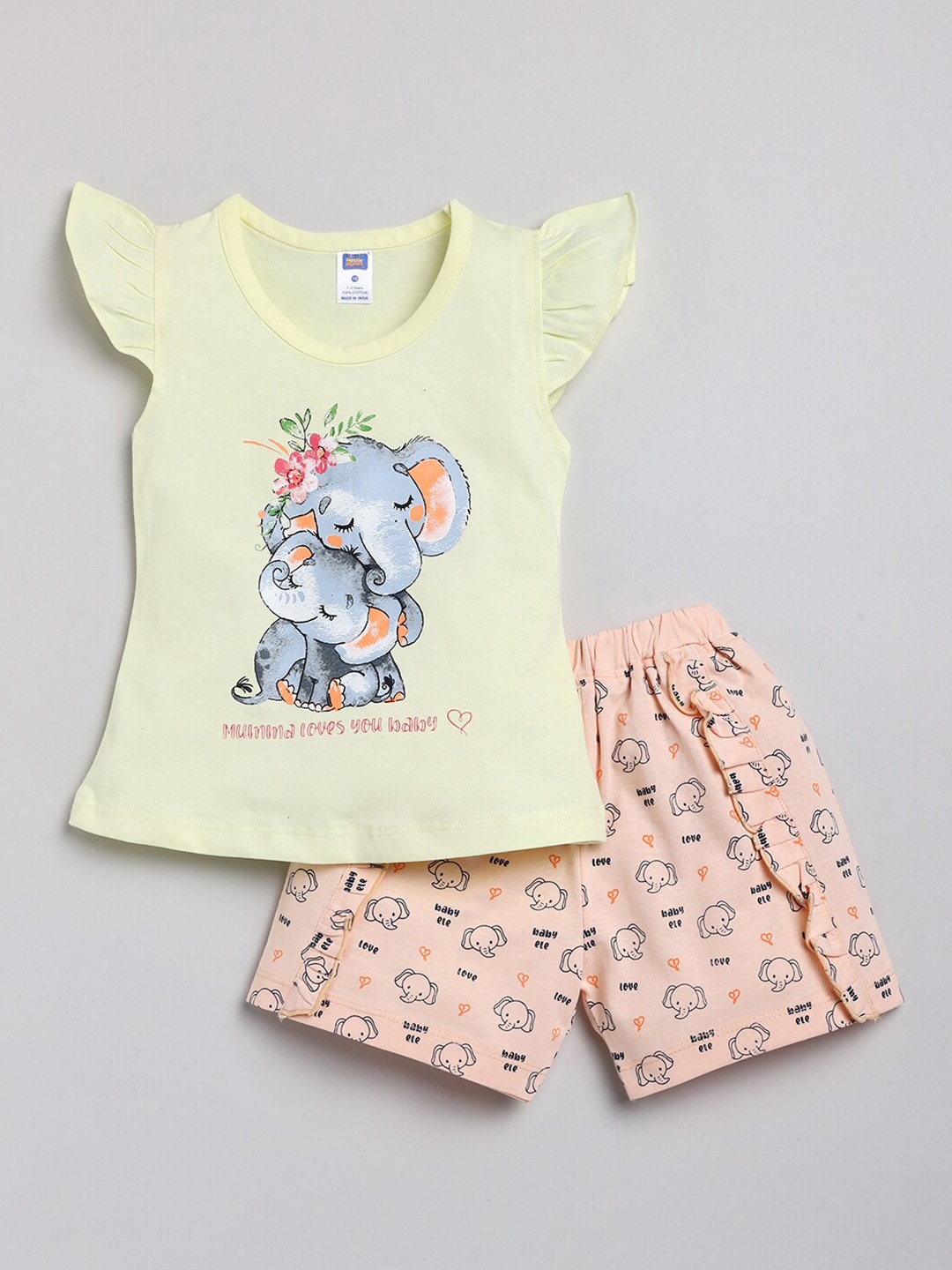 

Nottie Planet Girls Yellow & Orange Cotton Printed Top with Shorts