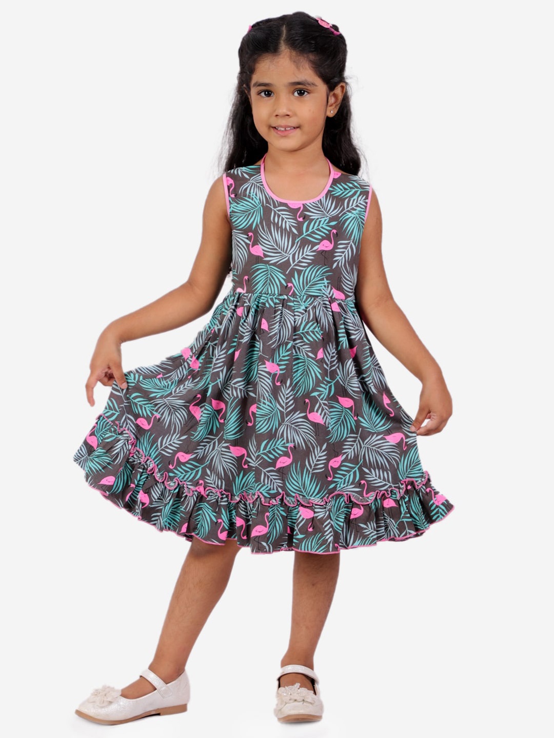 

KID1 Girls Sea Green & Grey Tropical Printed Cotton Fit & Flare Dress