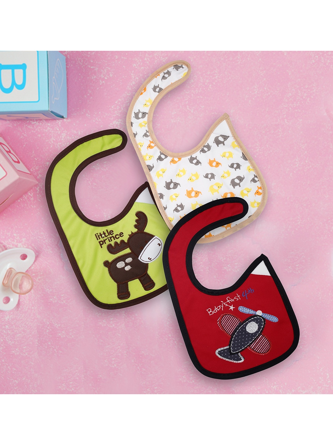 

Baby Moo Infant Kids Pack Of 3 Multicoloured Printed Bibs, Red