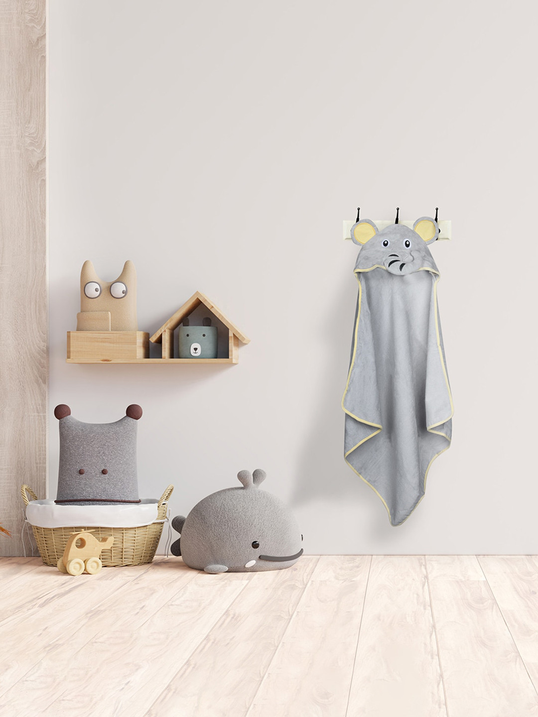

Baby Moo Infant Kids Grey Solid Cotton 210 GSM Hooded Bath Towel