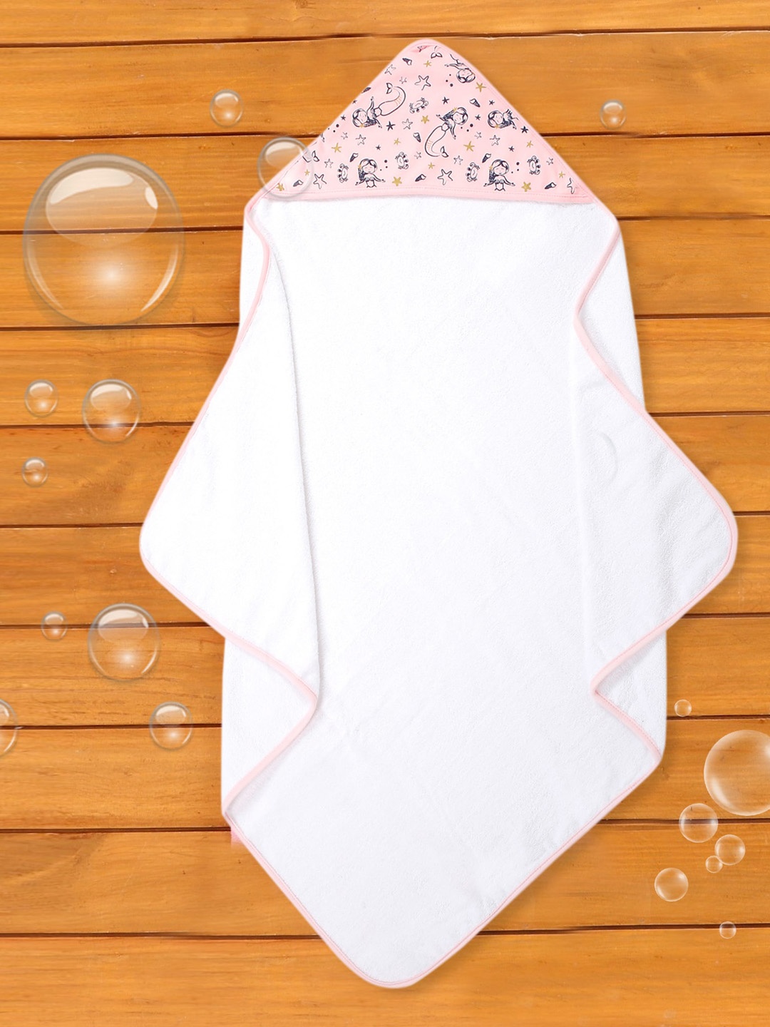 

Baby Moo Infants Set Of 2 White & Pink Printed Mermaid 210 GSM Cotton Towels