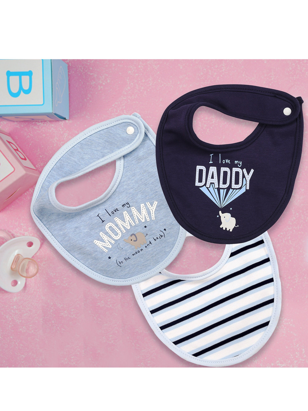 

Baby Moo Infant Kids Pack Of 3 Printed Bibs, Blue