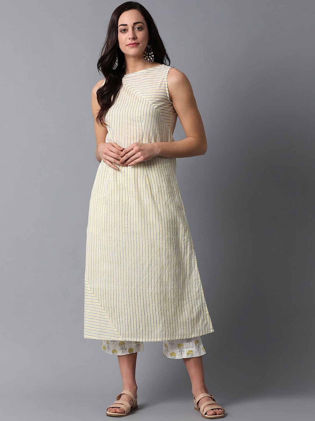 

Indian Dobby Women White & Yellow Striped Block Print Pure Cotton Kurta