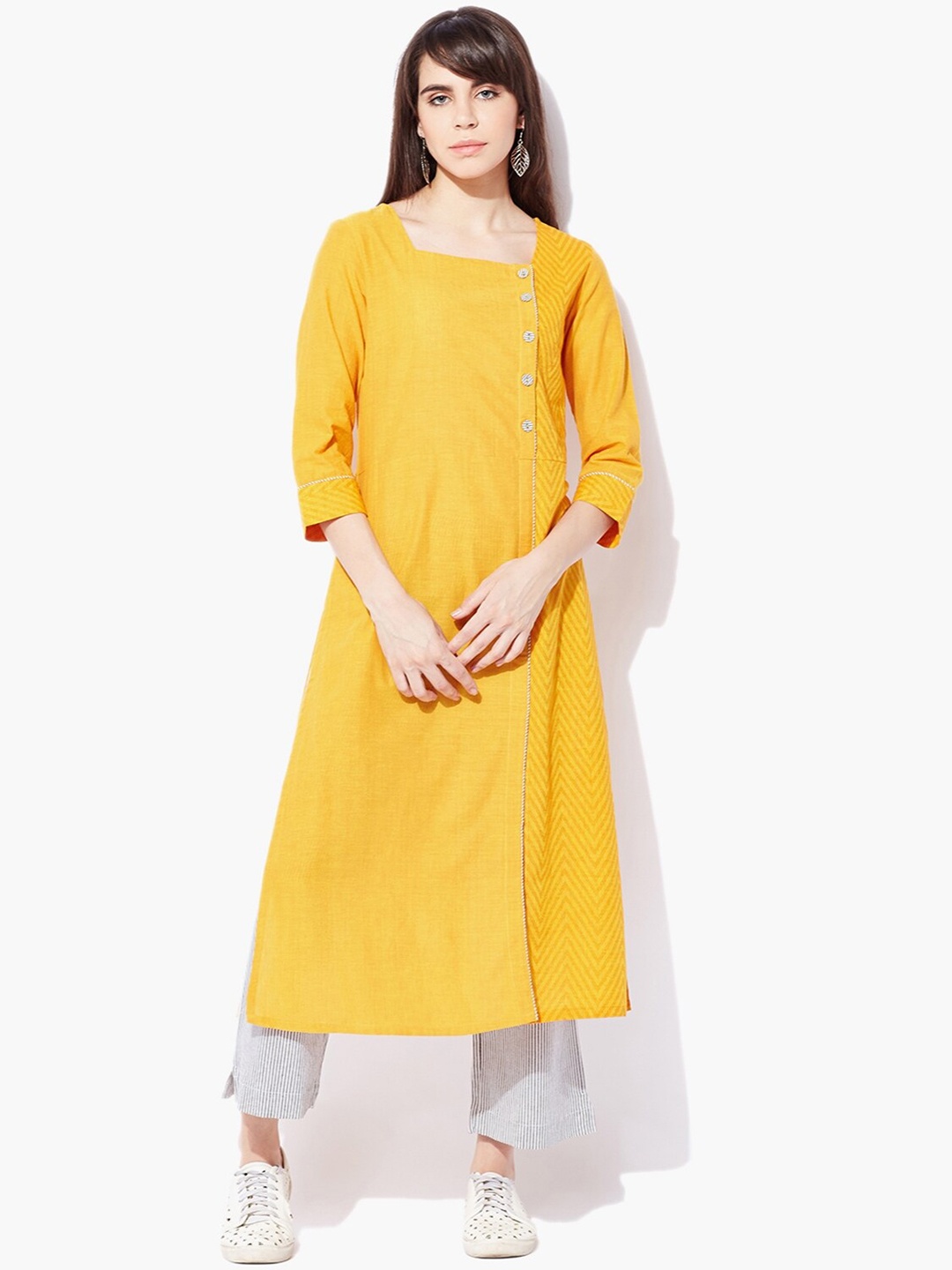 

Indian Dobby Women Yellow Chevron Embroidered Thread Work Pure Cotton Kurta
