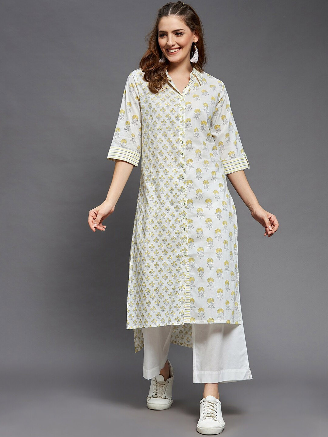 

Indian Dobby Women White & Yellow Floral Printed Flared Sleeves Block Print Pakistani Style Kurta