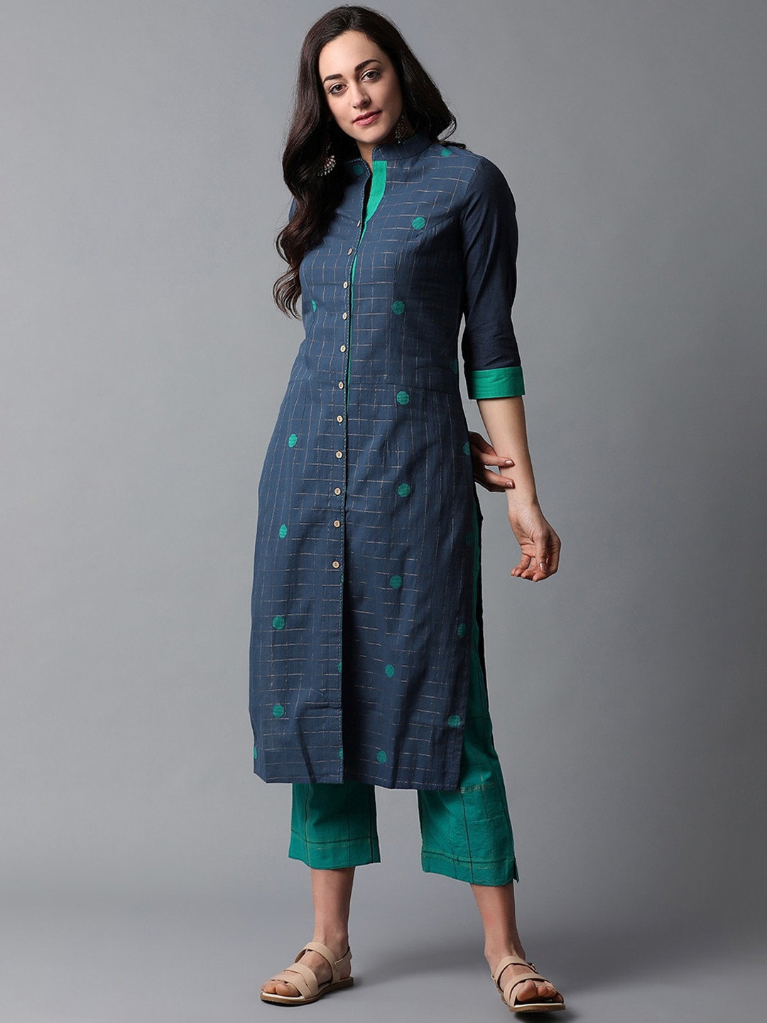 

Indian Dobby Women Navy Blue & Gold-Toned Checked Pure Cotton Kurta