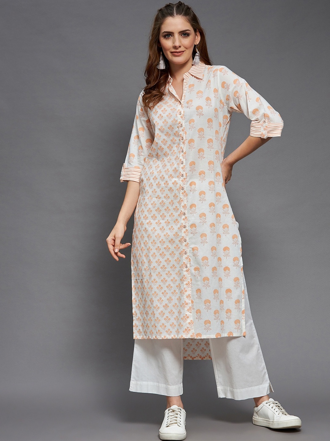 

Indian Dobby Women White & Peach-Coloured Floral Printed Flared Sleeves Block Print Pakistani Style Kurta