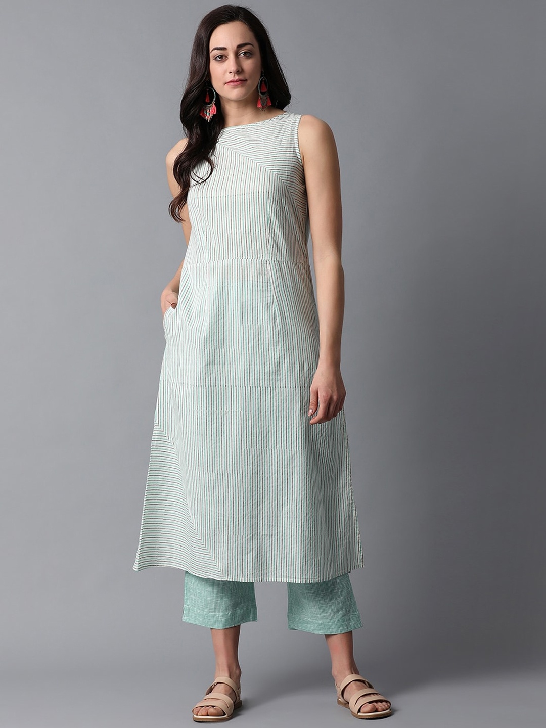 

Indian Dobby Women White & Green Striped Block Print Pure Cotton Kurta 100% Cotton