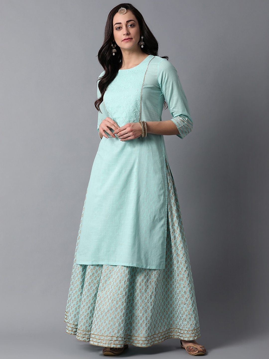 

Indian Dobby Women Blue Ethnic Motifs Yoke Design Thread Work Pure Cotton Kurta