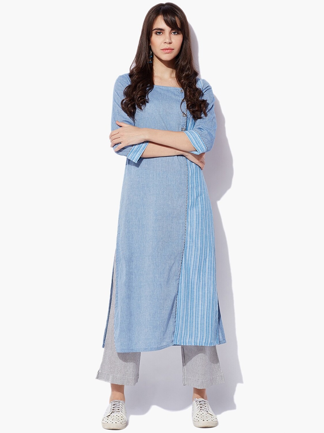 

Indian Dobby Women Blue & White Striped Pure Cotton Kurta