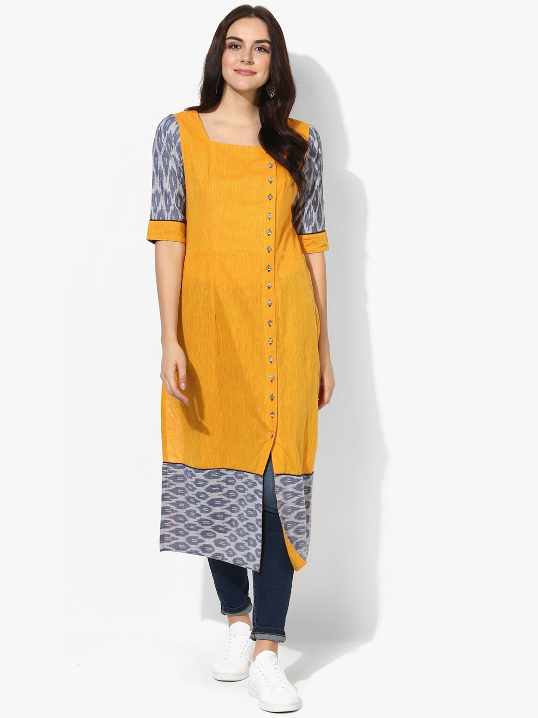 

Indian Dobby Women Yellow & Navy Blue Pure Cotton Kurta