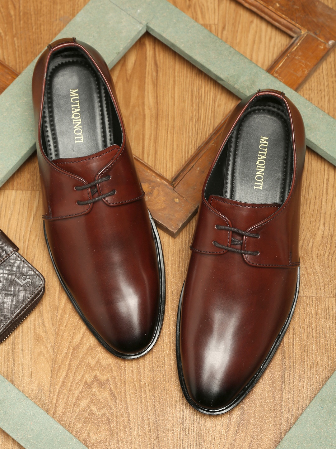 

MUTAQINOTI Men Burgundy Solid Patent Leather Formal Derbys