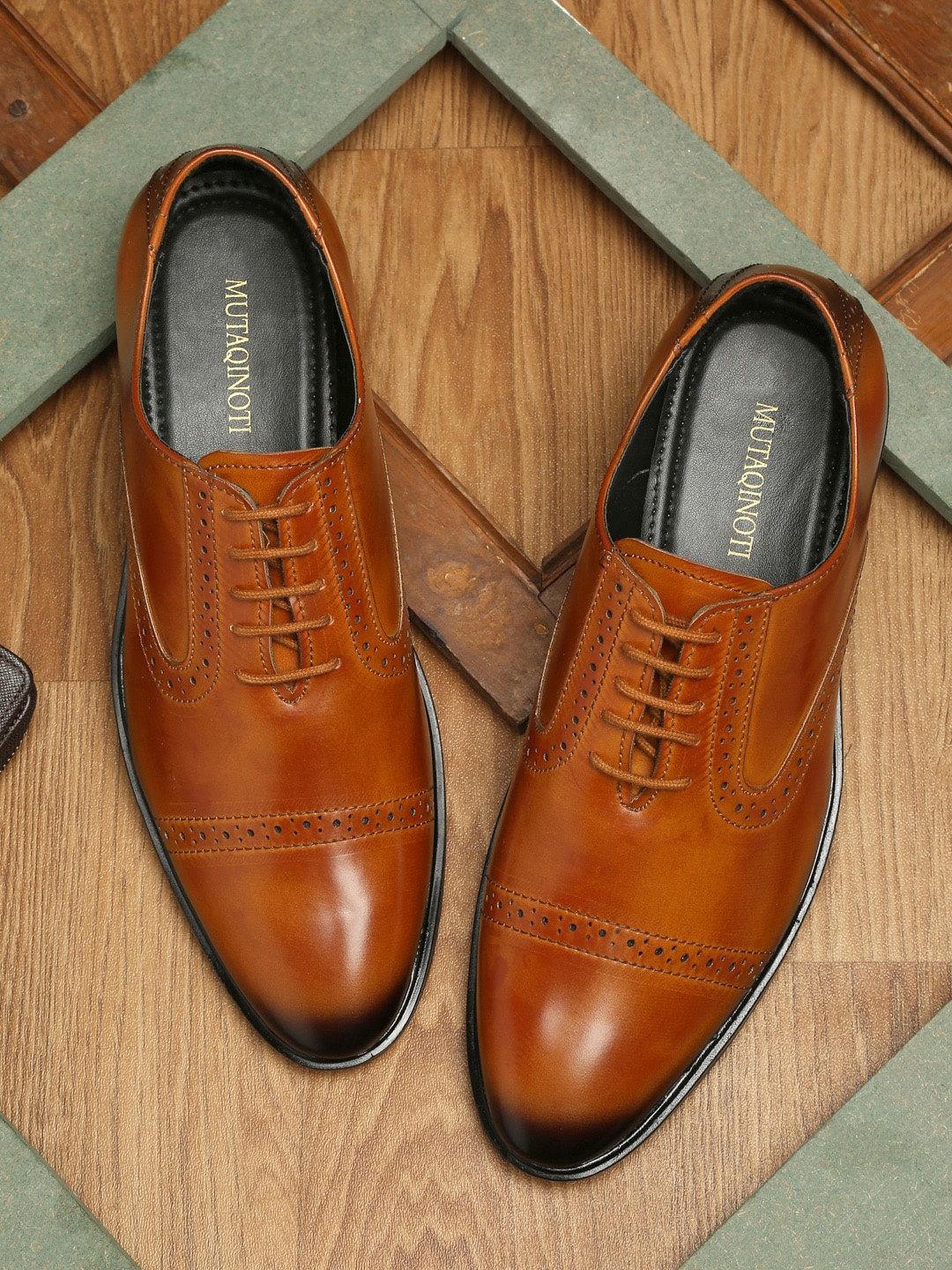 

MUTAQINOTI Men Tan Solid Patent Leather Formal Derbys