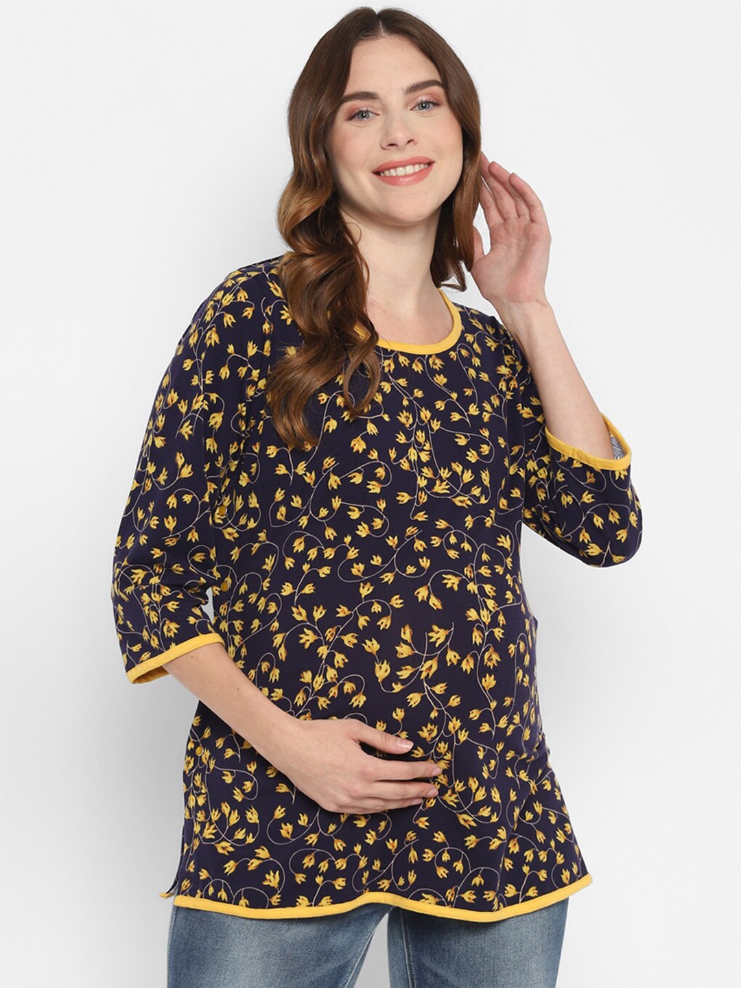 

Momsoon Maternity Navy Blue & Yellow Floral Print Maternity Top