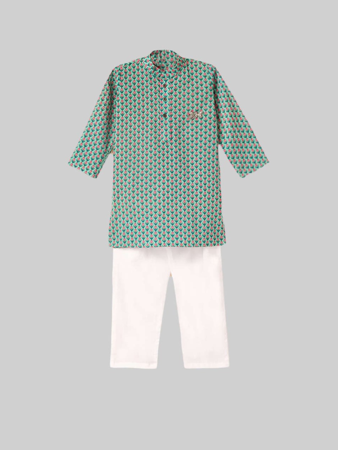 

The Magic Wand Boys Green Floral Printed Pure Cotton Kurti With Pyjamas